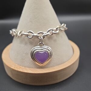 Sterling Silver Heart Charm Bracelet with Purple Stone. 7.5 Inch.